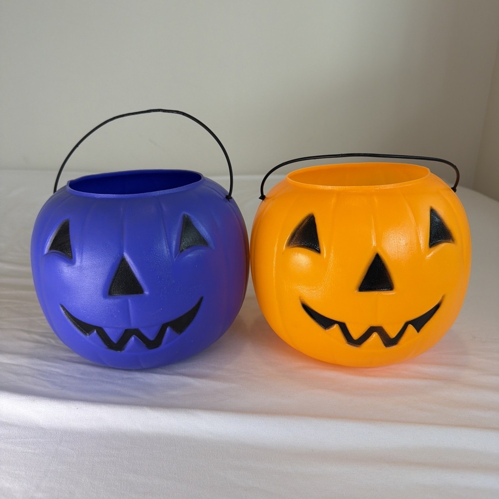 General Foam Plastics Jack‎ O' Lantern Pumpkin Pails Figurine Orange Purple Vtg